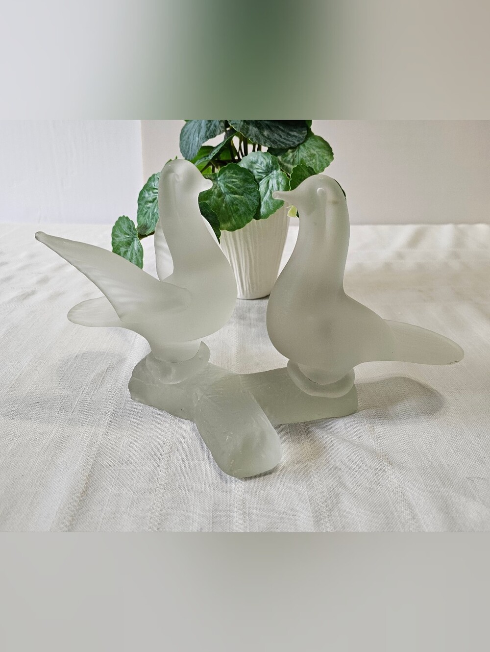 Vintage Frosted Satin Glass Lovebirds Doves on Branch Figurine